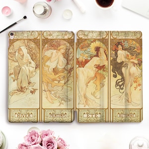 Kunst iPad Hülle Mädchen iPad Pro 11 12.9 10.5 9.7 10.2 8th Air 4 Mini 5 Vintage Floral Ästhetische Retro Gemälde Natur Frauen Alphonse Mucha Hülle