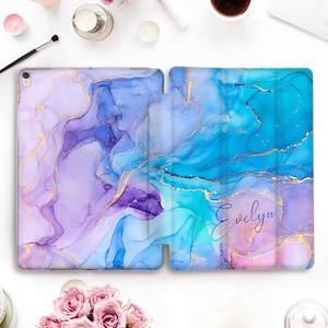 Name iPad case Cute iPad Pro 11 12.9 10.2 10.5 Air 5 10.9 9.7 Mini 6 Custom Abstract Marble Personalized Aesthetic Blue Purple Girly case