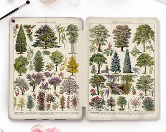 May include: A vintage botanical illustration of various trees and shrubs. The image is divided into two columns, each featuring a variety of plants with detailed drawings and labels in French. The image is printed on a white background with a light brown border.