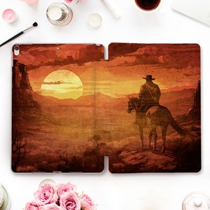 May include: A digital illustration of a cowboy riding a horse in a desert landscape with a large sun setting in the background. The image is in a vintage style with a faded, textured look.