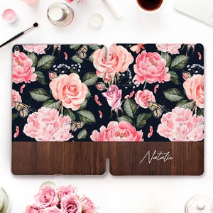 Custom iPad case Cute iPad 10th 9th Air 5th Pro 12.9 11 inch iPad 10.2 10.9 Mini 6 Personalized name Aesthetic floral Pink rose flower case