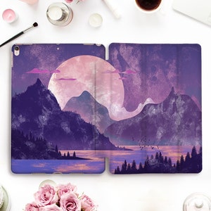Mountains iPad case Aesthetic iPad Pro 11 12.9 2021 10.5 9.7 10.2 Air 4 Mini 5 Cute Moon Trees Forest Nature Purple Art Pink Blue Lake case
