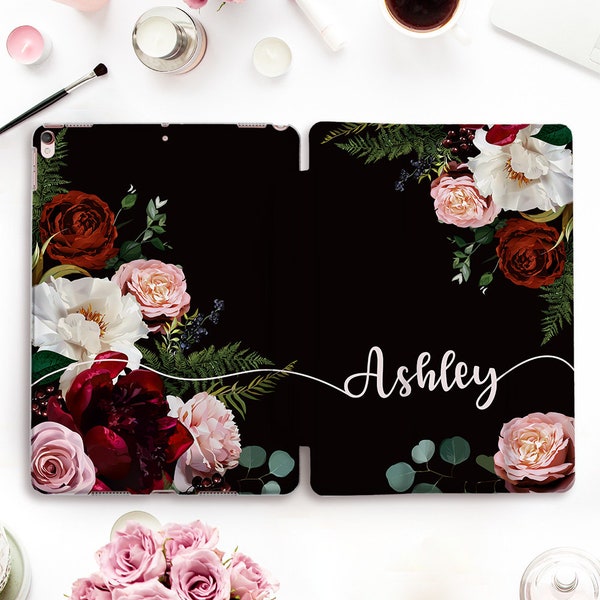 Name iPad case Personalized iPad Pro 11 12.9 10.2 9th 10.5 Air 4 10.9 9.7 Mini 6 Cute Custom Aesthetic Floral Flowers Roses case for Girl