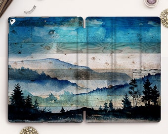 Wood iPad case Mountain iPad Pro 11 12.9 10.5 for Men iPad 9.7 10.2 7th Air 3 Mini 5 Nature Trees Forest Blue Aesthetic Wooden Design case