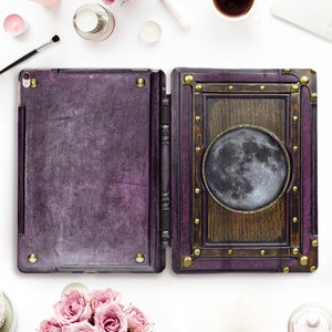 Book iPad case Vintage iPad Pro 11 12.9 10.5 Witch iPad 9.7 10.2 Air 3 Mini 5 Wood Moon Purple Goth Occult Magic Antique Old Book Style case