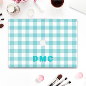 Custom Macbook case Initials Macbook Pro 13 inch Air 13 15 M2 M3 2024 Pro 14 16 Cute personalized monogram Aesthetic blue checker plaid case
