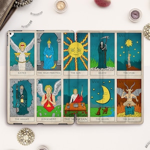 Coque iPad occulte vintage Pro 11 12,9 10,5 2020 Art iPad 9,7 10,2 7th Air 3 Mini 5 cartes de tarot Sorcière magique antique Sorcellerie mystique