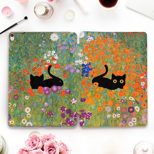 Aesthetic iPad case Art iPad Pro 11 12.9 10.2 10.5 10th Air 5 4 10.9 Mini 6 Cute Black Cat Vintage Painting Flowers Gustav Klimt Floral case