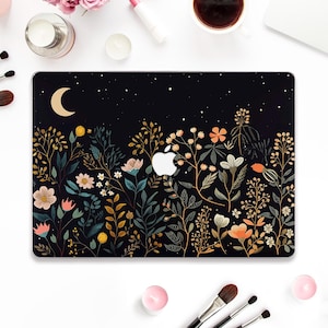 Kwiaty Etui na Macbooka Estetyczny Macbook Pro 13 cali Air 13 15 M2 M3 2024 Pro 14 16 Uroczy kwiatowy wzór Księżyc Noc Ładne rośliny Eleganckie etui
