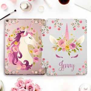 ユニコーン iPad ケース iPad Pro 11 12.9 10.5 名前 iPad 10.2 第 7 世代 9.7 iPad Air 3 Mini 5 子供 女の子 かわいい かわいい パーソナライズ カスタム フラワー