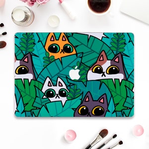 Coque Macbook Chats Kawaii Macbook Pro 13 Air 13 15 M2 M1 Pro 14 Macbook Pro 16" Animaux rigolos mignons Feuilles tropicales Coque tendance Girly dessin animé