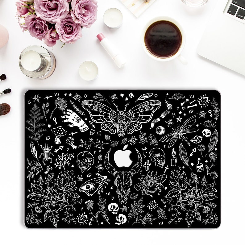 Goth MacBook case Skulls MacBook Pro 14 13 16 Air 13 M1 12 15 inch Flowers Aesthetic Horror Floral Moth Insects Witch Halloween Dark case image 1