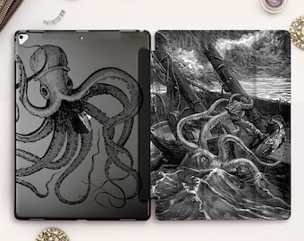 Octopus iPad case Vintage iPad Pro 11 12.9 10.5 Ocean iPad 9.7 10.2 Air 3 Mini 5 for Men Nautical Retro Old Antique Art Sea Drawing cover