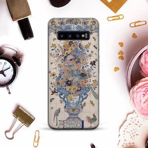 Aesthetic Phone case for Samsung Galaxy s24 Ultra Tile art Galaxy s23 s22 Pixel 8 7a Vintage flowers birds Floral blue elegant retro case