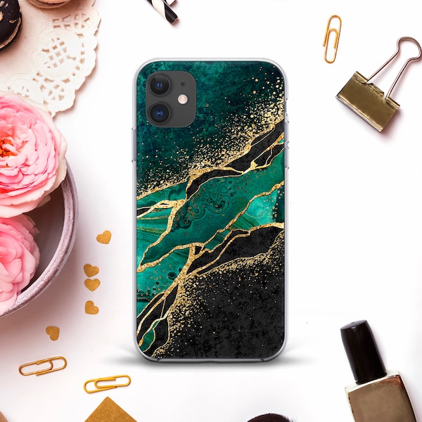 Marble iPhone case for iPhone 12 Pro 11 XR X 8 7 Aesthetic case Galaxy S21 S20 Emerald Green Gold Jade Dark Green Ombre Design  Marble case