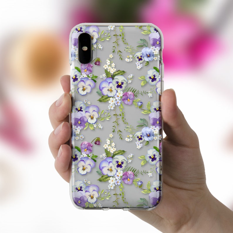 Pansies iPhone case 11 Pro XR X Girls case for iPhone 8 7 Galaxy S20 Pixel 4 Kawaii Cute Design Blue Flowers Aesthetic Lilac Floral case image 3