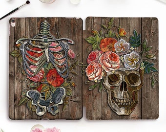 Etui na iPada z motywem czaszki Kwiaty iPad Pro 11 12,9 10,5 Drewniany iPad 9,7 cala 10,2 7th Air 3 Mini 5 dla dziewczynek Styl vintage Kwiatowe róże Etui ze szkieletem