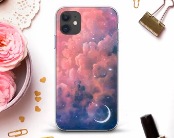 Clouds iPhone case for iPhone 12 11 XR X 8 Cute case Galaxy S21 for Girl Stars Moon Night Aesthetic Nature Kawaii Pink Blue Ombre Skycase
