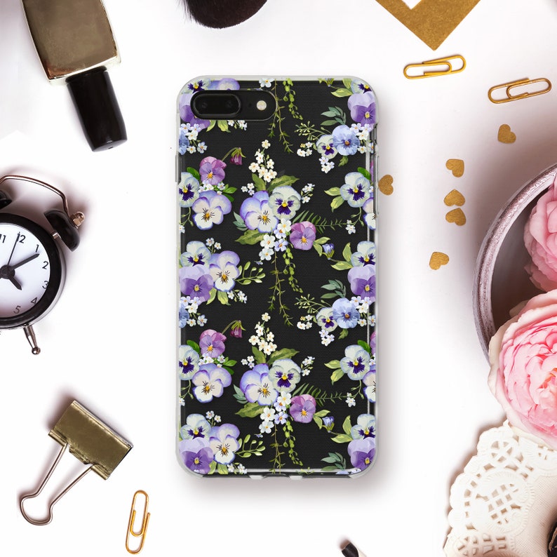 Pansies iPhone case 11 Pro XR X Girls case for iPhone 8 7 Galaxy S20 Pixel 4 Kawaii Cute Design Blue Flowers Aesthetic Lilac Floral case image 2