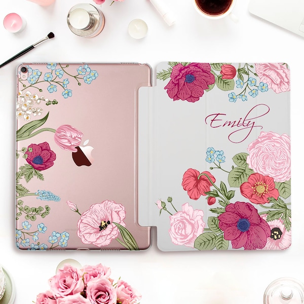 Name iPad Hülle für iPad Pro 11 12.9 10.5 für Mädchen iPad 10.2 7.9.7 6.Gen iPad Air 3 Mini 5 Personalisierte niedliche benutzerdefinierte Blumen-Blumenabdeckung