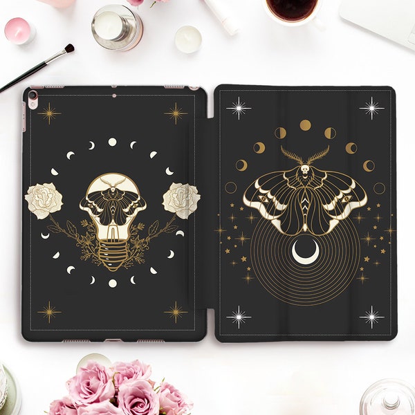 Moth iPad case Gothic iPad Pro 11 12.9 10.5 9.7 10.2 8th Air 4 Mini 5 for Girl Aesthetic Goth Flowers Roses Stars Moon Boho Witch case Stand