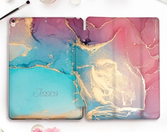 Marble iPad case Name iPad Pro 11 12.9 10.5 Rose Gold iPad 9.7 6th 5th Air 3 Mini 5 4 Girl Personalized Cute Custom Blue Pink Rainbow cover