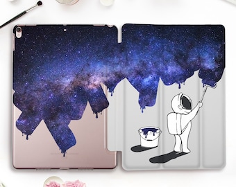 Galaxy iPad case Cute iPad Pro 11 12.9 10.5 Space iPad 9.7 10.2 7th Air 3 Mini 5 for Kids Boys Blue Art Stars Funny Astronaut Illustration