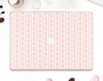 Jolie coque Macbook Pro 13 Air 13 15 pouces Pro 14 16 M1 M2 M3 M4 Rayures florales esthétiques Roses roses Girly Housse de couette coquette