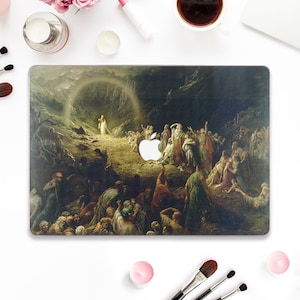 May include: A laptop skin featuring a vintage painting of a religious scene. The painting depicts a group of people gathered around a figure in a bright light. The laptop skin is designed to fit a MacBook.