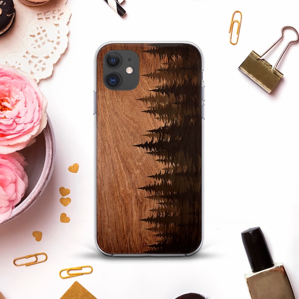 Étui pour iPhone en bois pour iPhone 11 Pro XR X 8 Plus 7 arbres Galaxy S20 Pixel 4a pour homme Gars Nature Arbres Forêt esthétique Design en bois