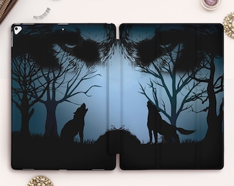 Wolfes iPad case Nature iPad Pro 11 12.9 10.2 9th 10.5 Air 5 4 10.9 9.7 Mini 6 Trees Animals Dark Blue Aesthetic Trendy Design case for Men