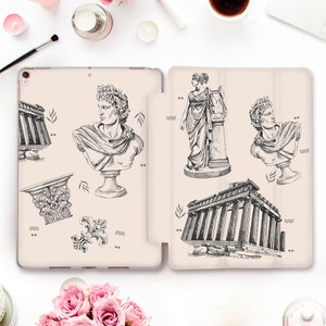 May include: A cream-colored iPad case with a black and white design featuring Greek statues, columns, and architectural elements. The case is made of a durable material and has a sleek, modern look.