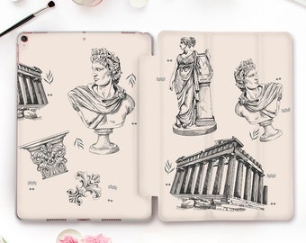 May include: A cream-colored iPad case with a black and white design featuring Greek statues, columns, and architectural elements. The case is made of a durable material and has a sleek, modern look.