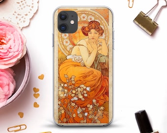 Girl iPhone case for iPhone 12 11 XR X 8 Art case Galaxy S21 Pixel 5 Vintage Aesthetic Retro Painting Alphonse Mucha Woman Orange Artsy case