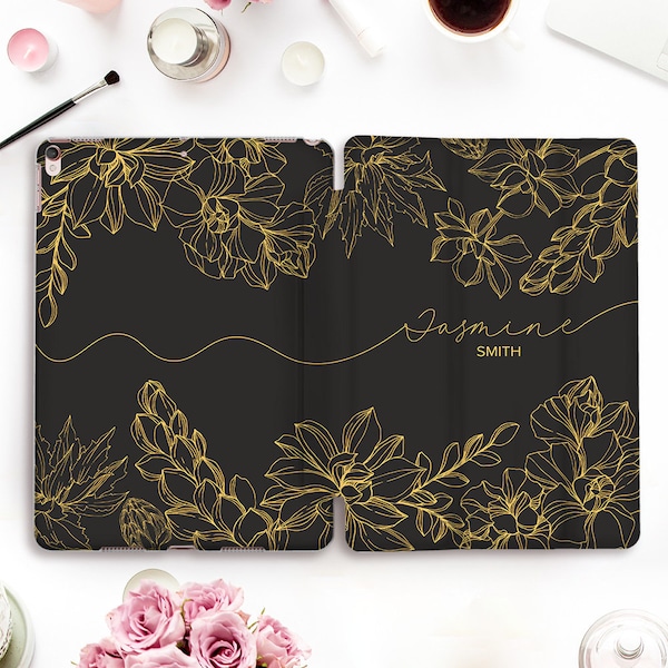 Name iPad case Flowers iPad Pro 11 12.9 2021 10.5 10.2 Air 4 10.9 9.7 Mini 5 Personalized Floral Custom Aesthetic Unique Black case for Girl