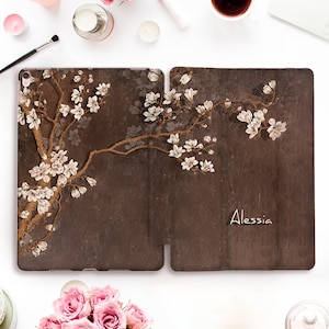 Name iPad case Brown iPad Pro 11 12.9 10.2 10.5 Air 5 10.9 9.7 Mini 6 Aesthetic Custom Personalized Design with Tree Flowers case for Women