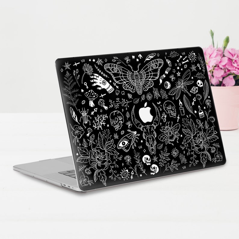 Goth MacBook case Skulls MacBook Pro 14 13 16 Air 13 M1 12 15 inch Flowers Aesthetic Horror Floral Moth Insects Witch Halloween Dark case image 2