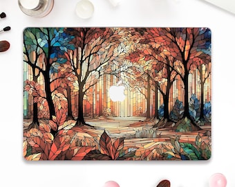 Custodia per Macbook Nature Vetrate colorate per Macbook Air 13 15 pollici Macbook Pro 13 14 16 M4 M3 M2 Estetica con foglie di alberi della foresta Elegante custodia astratta