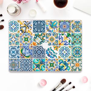 Mosaic Macbook case Aesthetic Macbook Pro 13 Air 13 15 inch M2 M3 M4 Pro 14 16 Floral art Blue yellow Italian tile pattern Sicilian case