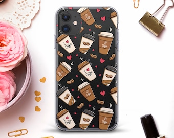 Coffee iPhone case for iPhone 13 12 11 XR Cute case Galaxy S21 S20 Kawaii Love Coffee Drink Pattern Clear case for Girls Coffee Lover Gift