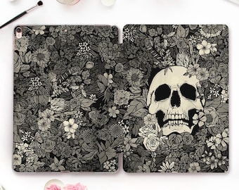 Etui na iPada z motywem czaszki i kwiatów, iPad 10, 9. generacja, Air 5 Pro 12,9 cala, iPad 10,2 cala, iPad 10,9 Mini 6. Estetyczne, kwiatowe, gotyckie, mroczne, emo etui na Halloween