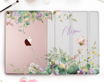 Name iPad case Personalized iPad Pro 11 12.9 10.5 10.2 9th 10.9 9.7 Air 5 Mini 6 Aesthetic Custom Green Floral Cute Flowers case for Girls