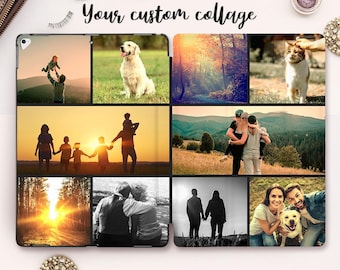 Puede incluir: Un collage de nueve fotos en una funda negra. Las fotos incluyen una familia de cinco personas caminando por un campo, una pareja tomándose de la mano, una pareja abrazándose, un perro, un gato, una escena de bosque y una puesta de sol.