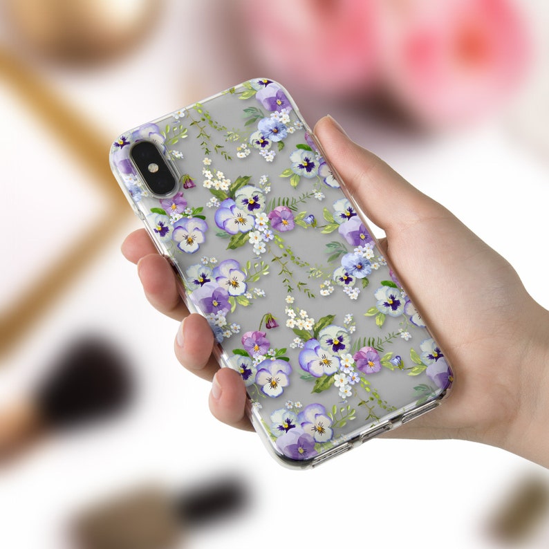 Pansies iPhone case 11 Pro XR X Girls case for iPhone 8 7 Galaxy S20 Pixel 4 Kawaii Cute Design Blue Flowers Aesthetic Lilac Floral case image 7