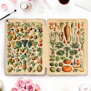 May include: A tablet case featuring a vintage botanical illustration of fruits and vegetables. The left side displays various fruits, while the right side showcases an assortment of vegetables. The text "FRUITS" and "LEGUMES ET PLANTES POTAGERES" are visible.