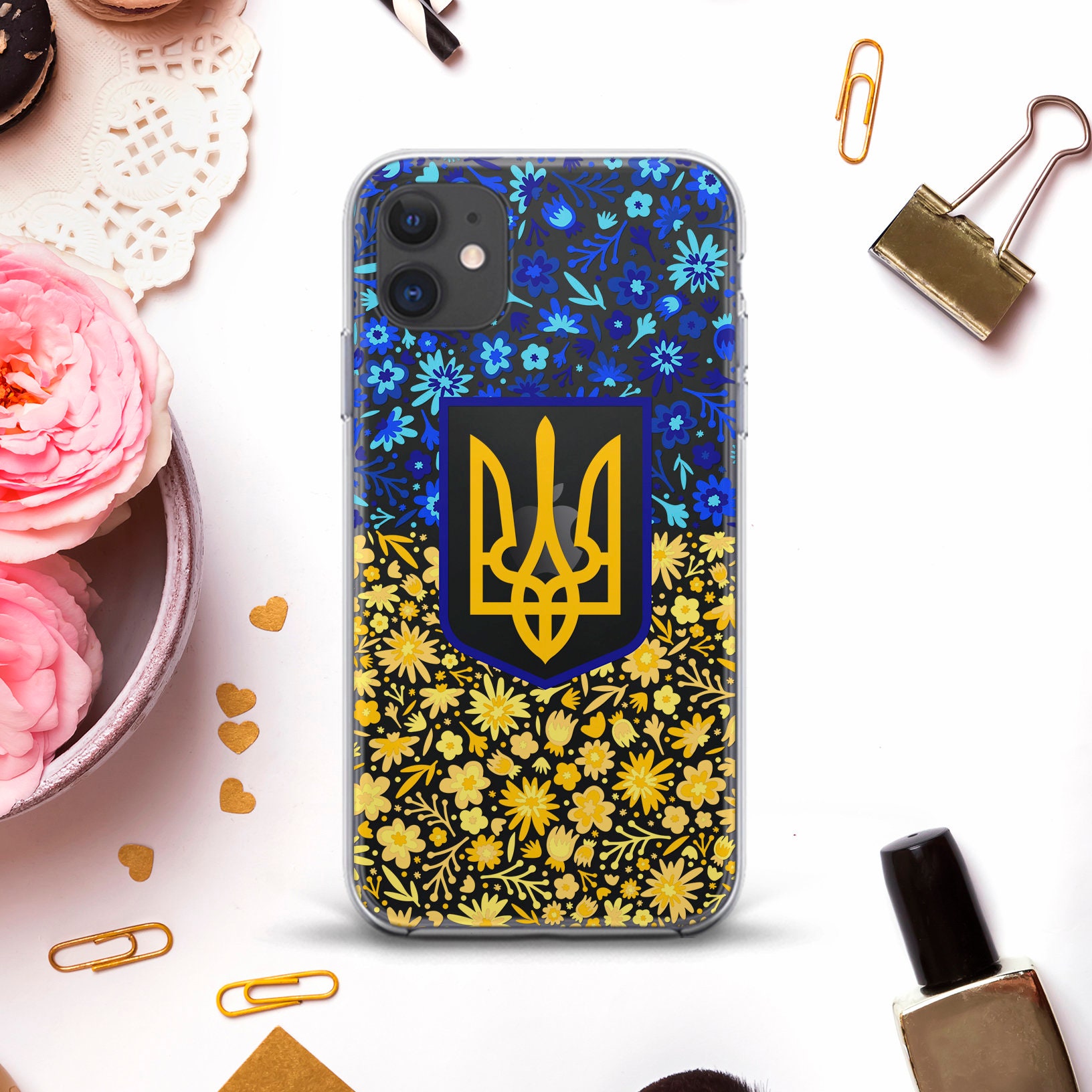Ukraine iPhone case for iPhone 13 12 11 XR Aesthetic case Galaxy S22 S21 Blue Yellow Cute Flowers Trendy Floral Ukrainian Coat of Arms case