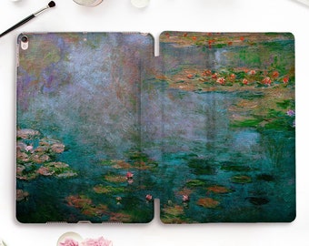Étui pour iPad Monet vintage iPad Pro 11 12,9 10,5 Art iPad 9,7 10,2 Air 3 Mini 5 Floral Nature Fleurs peinture rétro bleu vert nénuphars