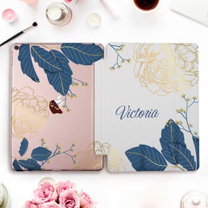 Name iPad case Girl iPad Pro 11 12.9 10.5 Personalized iPad 9.7 6th 2018 5th Air 3 Mini 5 Cute Custom Gold Flowers Floral Blue Leaf cover