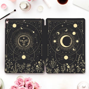 Moon iPad case Flowers iPad 10th 9th Air 5 Pro 12.9 11 inch iPad 10.2 10.9 Mini 6 Cute aesthetic celestial boho Stars Sun Trendy dark case