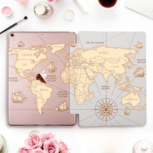 Étui pour iPad carte du monde pour iPad Pro 11 12,9 3e 10,5 iPad 10,2 7e 9,7 6e génération iPad Air 3 Mini 5 voyage rétro carte des pays avec support